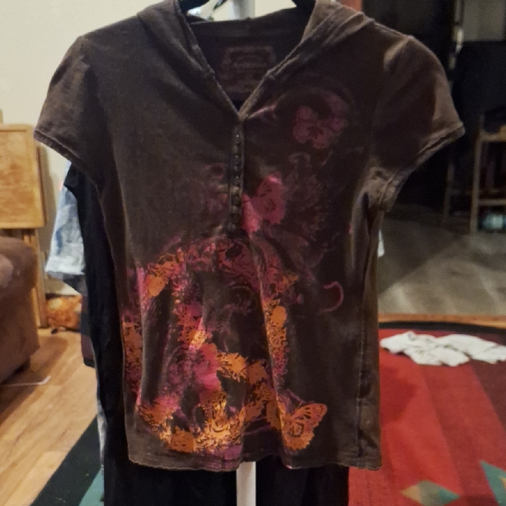 Arizona Jean Company Brown Hooded Tee with Pink & Orange Floral Graphic
